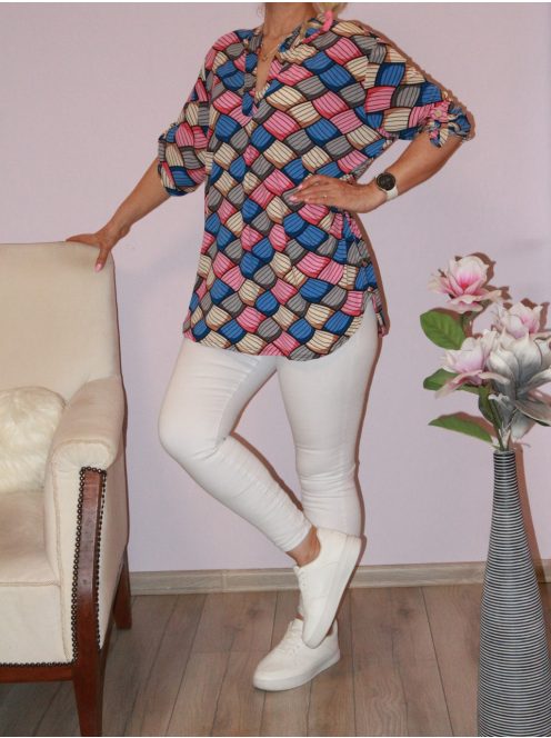 Mintás,roll-up ujjú ingfazonú felső ! pink-fekete  L-XXL