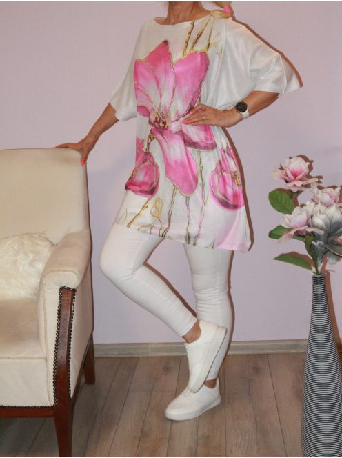 Virágos,cérnakötött ,denevérujjas tunika! pink  XL-XXL