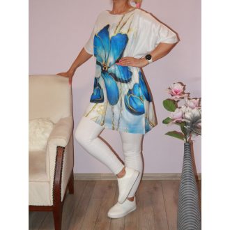   Virágos,cérnakötött ,denevérujjas tunika! királykék  XL-XXL