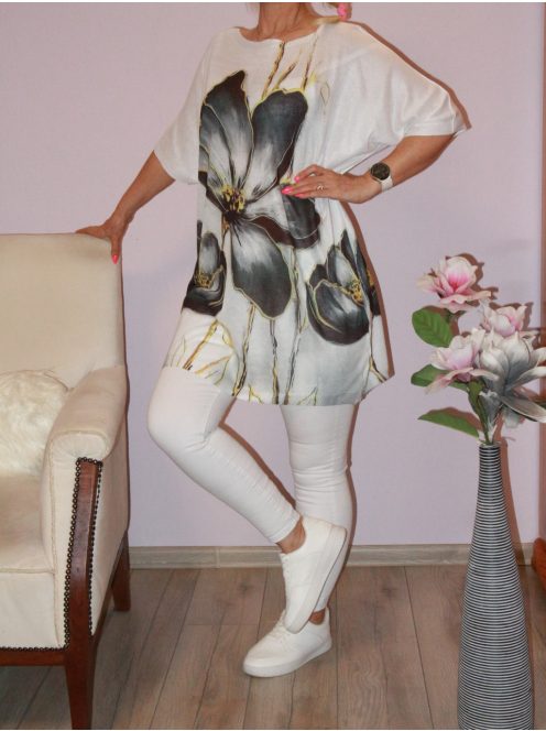 Virágos,cérnakötött ,denevérujjas tunika! fekete-fehér XL-XXL