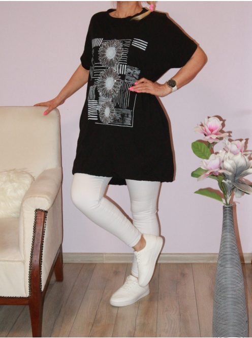 Strasszos napraforgós,alja kötős,zsebes tunika! fekete XL-XXL