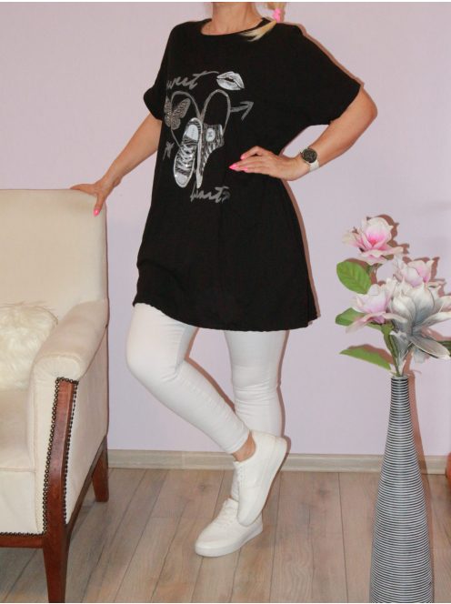 Strasszos lepkés tornacipős,alja kötős,zsebes tunika! fekete XL-XXL