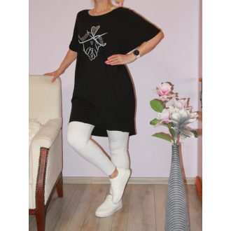   Strasszos mintás,nyaknál szaggatott,zsebes tunika! fekete L-XXL