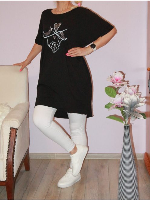 Strasszos mintás,nyaknál szaggatott,zsebes tunika! fekete L-XXL