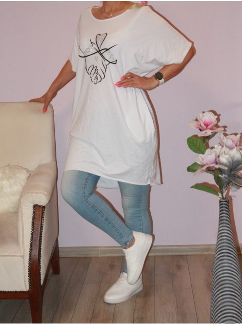 Strasszos mintás,nyaknál szaggatott,zsebes tunika! fehér L-XXL