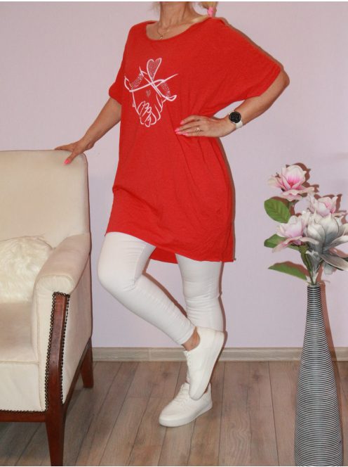 Strasszos mintás,nyaknál szaggatott,zsebes tunika! piros L-XXL