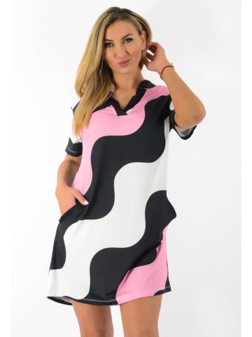 Hullám mintás,ingnyakú,zsebes tunika !  rózsaszín  L-XL