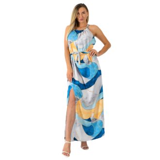   Mintás,nyaknál kötős,felsliccelt maxi ruha! kék-vanília L-XXL