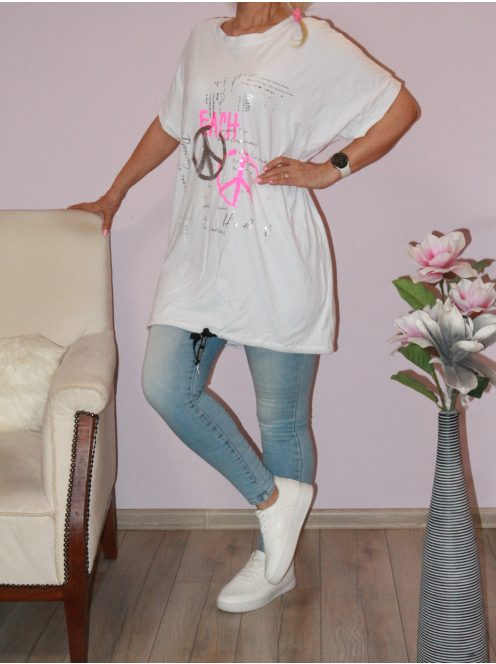 Ezüst-neonpink feliratos,alja kötős tunika! fehér L-XXL