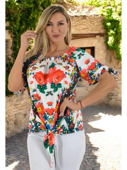 Népi motívumos ujja-alja kötős felső! fehér-piros-zöld  L-XXL