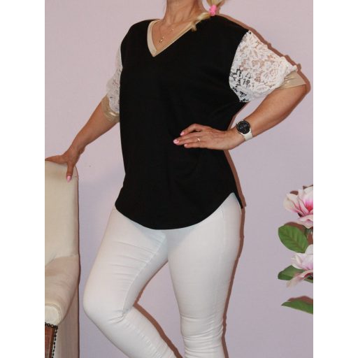 Csipkés-arany ujjú,V nyakú felső ! fekete L-XL