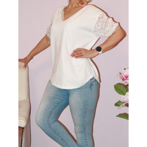 Csipkés-arany ujjú,V nyakú felső ! fehér L-XL