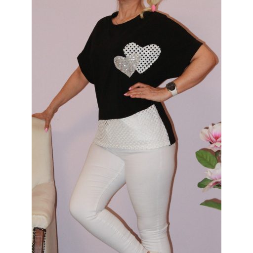  Flitteres szívecskés,horgolt betétes felső ! fekete L-XL