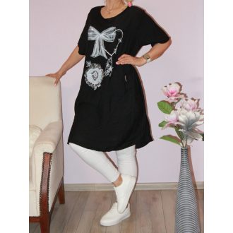 Strasszos masnis-virágos,zsebes tunika!  fekete XL-XXL