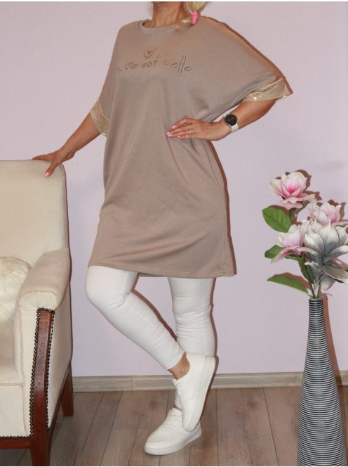 Strasszos feliratos,arany ujjú zsebes tunika! cappuccino L-XL
