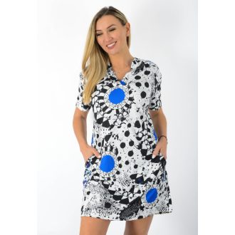   Mandala mintás,ingnyakú,zsebes tunika ! fehér-fekete-királykék  L-XL