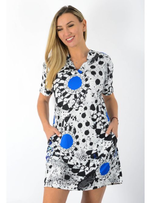 Mandala mintás,ingnyakú,zsebes tunika ! fehér-fekete-királykék  L-XL