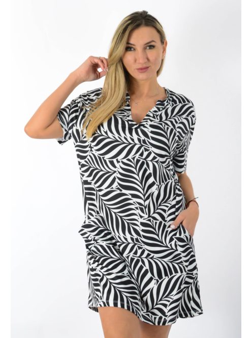 Levél mintás,ingnyakú,zsebes tunika ! fekete-fehér L-XL