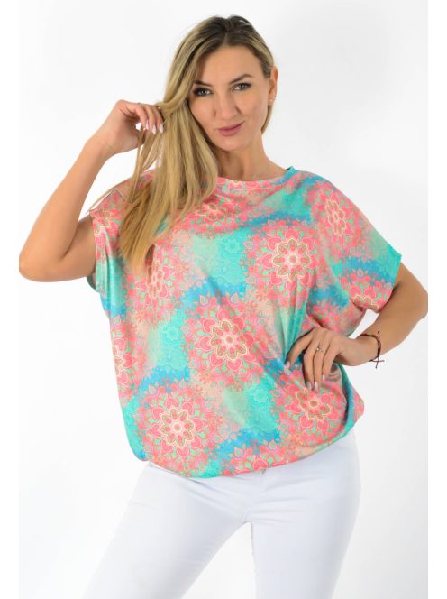 Mandala mintás,aszimmetrikus,gumis aljú felső ! zöld-rózsaszín-türkiz L-XXL