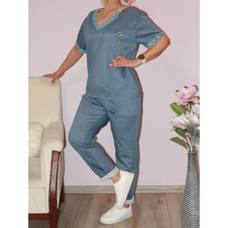   Flitteres farmerbetétes ,virágos,V nyakú zsebes szett ! farmerkék  L-XL