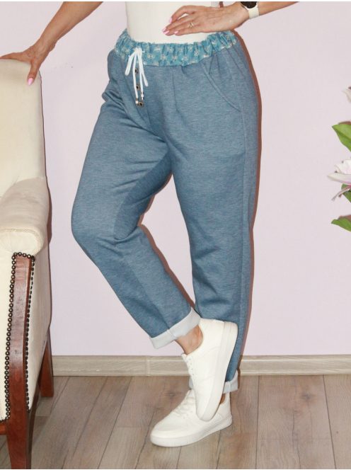 Flitteres farmerbetétes ,virágos,V nyakú zsebes szett ! farmerkék  L-XL