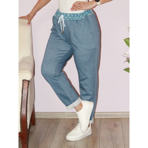 Flitteres farmerbetétes ,virágos,V nyakú zsebes szett ! farmerkék  L-XL
