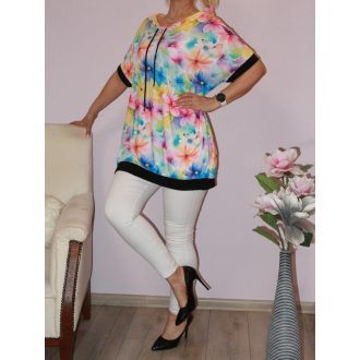  Virág mintás,húzott nyakú,zsebes tunika!  pink-sárga-kék XXL-3XL