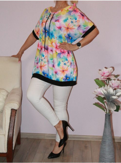 Virág mintás,húzott nyakú,zsebes tunika!  pink-sárga-kék XXL-3XL