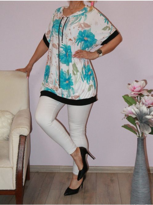 Virág mintás,húzott nyakú,zsebes tunika! türkiz  XXL-3XL