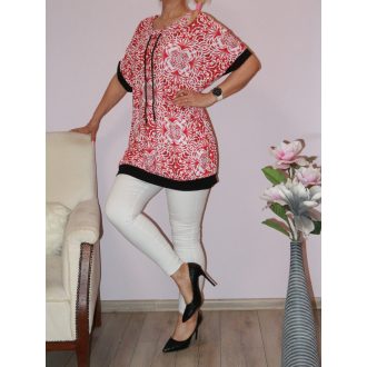   Virág mintás,húzott nyakú,zsebes tunika! piros-fehér  XXL-3XL