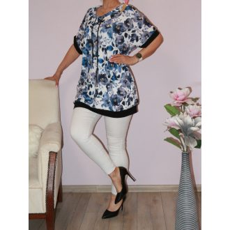  Virág mintás,húzott nyakú,zsebes tunika! fehér-kék  XXL-3XL