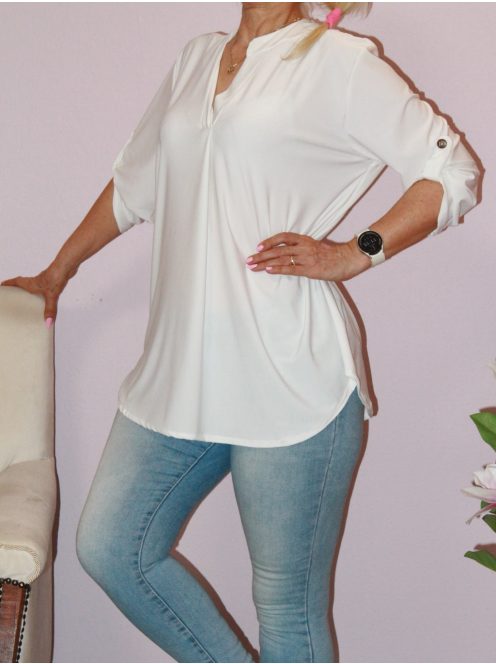 Egyszínű,roll-up ujjú ingfazonú felső ! fehér  L-XXL