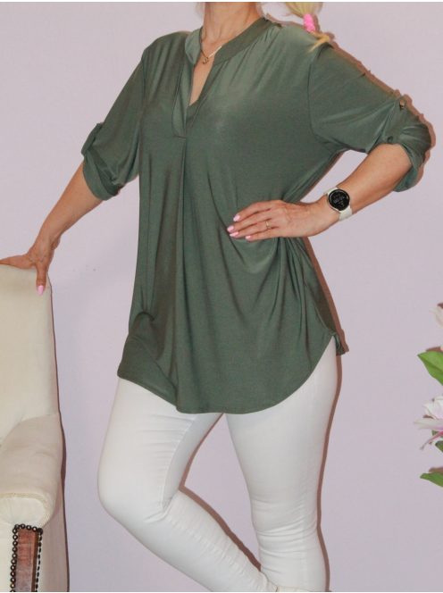 Egyszínű,roll-up ujjú ingfazonú felső ! khaki  L-XXL