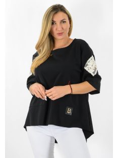   Vállán csipkés,hátulja hosszabb,A vonalú tunika! fekete L-XXL