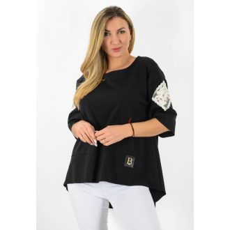   Vállán csipkés,hátulja hosszabb,A vonalú tunika! fekete L-XXL