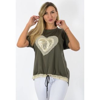 Horgolt arany szívecskés,alja kötős felső! khaki L-XL