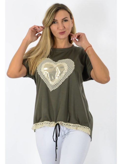 Horgolt arany szívecskés,alja kötős felső! khaki L-XL