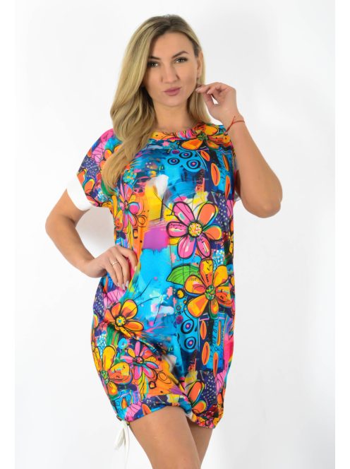Virág mintás alja kötős tunika/ruha! kék-sárga-pink L-XL