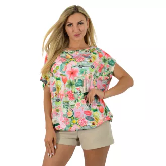   Gyümölcsös,aszimmetrikus,gumis aljú felső ! zöld-rózsaszín L-XXL