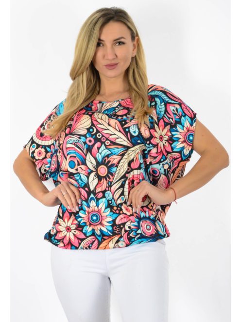 Mintás,aszimmetrikus,gumis aljú felső ! pink-kék-vanília L-XXL