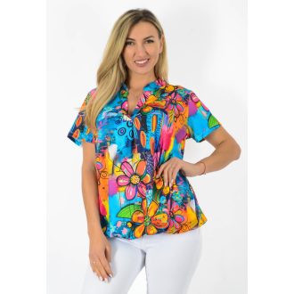   Virág mintás, ingfazonú ,gumis aljú felső! kék-sárga-pink L-XXL