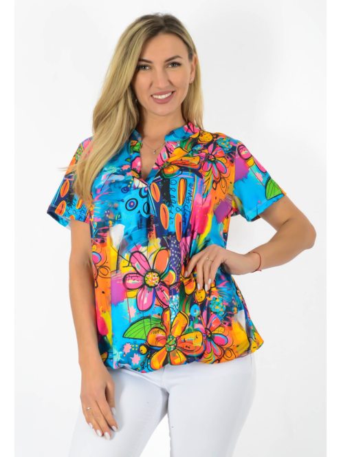 Virág mintás, ingfazonú ,gumis aljú felső! kék-sárga-pink L-XXL