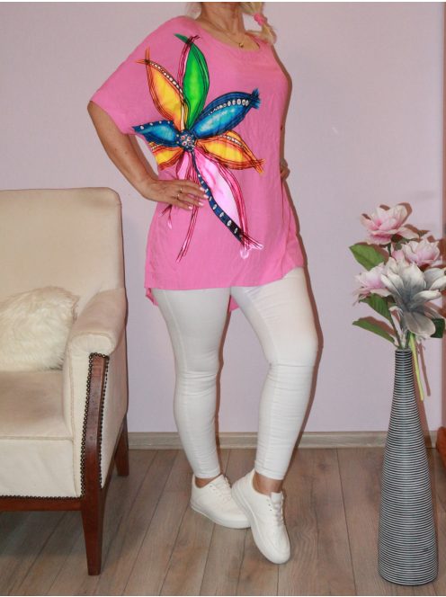 Virágos,strasszköves  tunika! pink  XXL