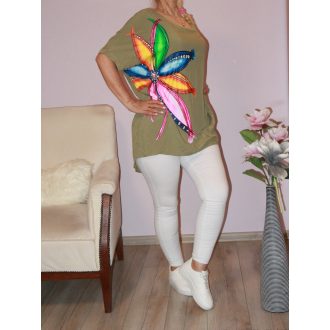 Virágos,strasszköves  tunika! khaki  XXL