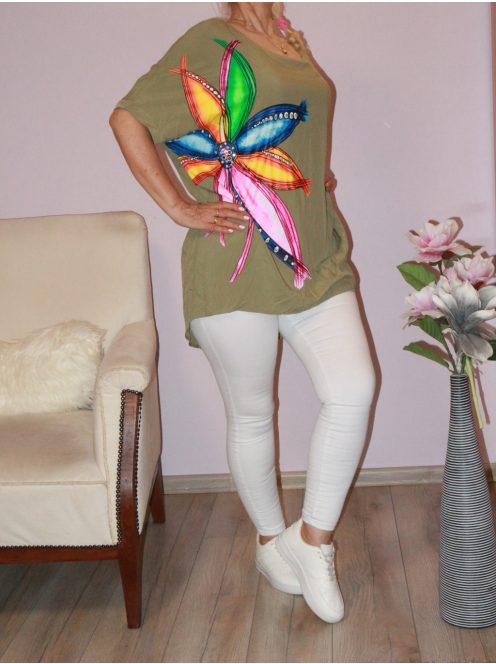Virágos,strasszköves  tunika! khaki  XXL