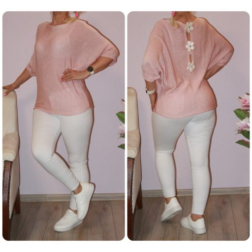 Háta virágos,denevérujjas,cérnakötött felső! púderrózsaszín M-L