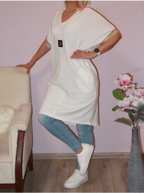 Arany ujjú,V nyakú,strasszos,zsebes tunika! törtfehér L-XXL