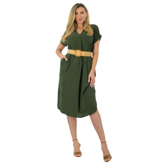 V kivágású,öves,zsebes ingruha! khaki L-XL