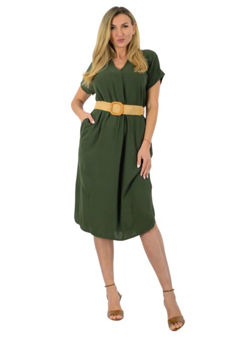 V kivágású,öves,zsebes ingruha! khaki L-XL