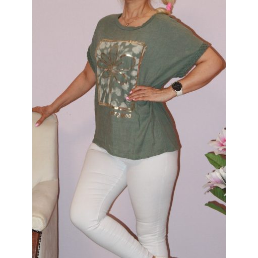 Arany virágos,horgolt ujjú felső ! khaki L-XL